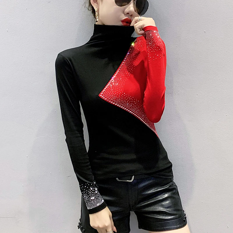 

Модный облегающий женский топ с высоким воротником и стразами, корейский стиль, для повседневной носки