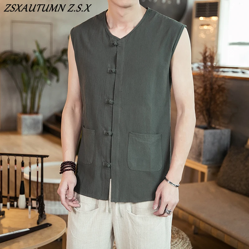 Chinese Style Men's Linen T-Shirt Pan Buckle Sleeveless Vest Oversize Fashion Male Charm Tang Style Improved Hanfu Zen Clothes