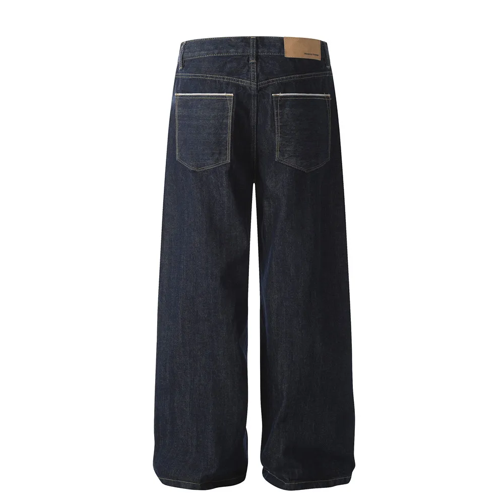 Pocket Raw Denim Hosen Herren Einfarbig Retro High Street Gerade Breite Bein Dunkle Jeans Männer – Detail 9