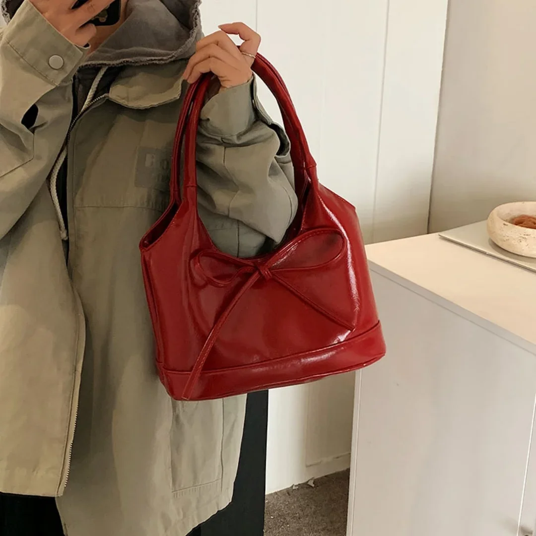 2026 Bow Decor Glossy PU Shoulder Bag Women Two Sizes Large Capacity Underarm Tote Bag محفظة كروت מכבי חיפה