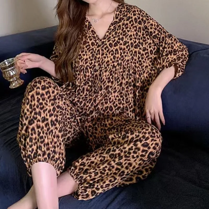 Cotton Sleepwear Big Size Cardigan Seven-minute Pants Two-piece Print Loungewear Pajama Sets Summer Nightwear Korean Fashion