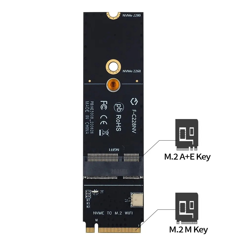 FENVI NGFF M.2 A+E Key To NVMe PCI Express SSD Port Converter Adapter F-C228NV For AX200 AX210 8265 7260AC WiFi BT Wireless Card