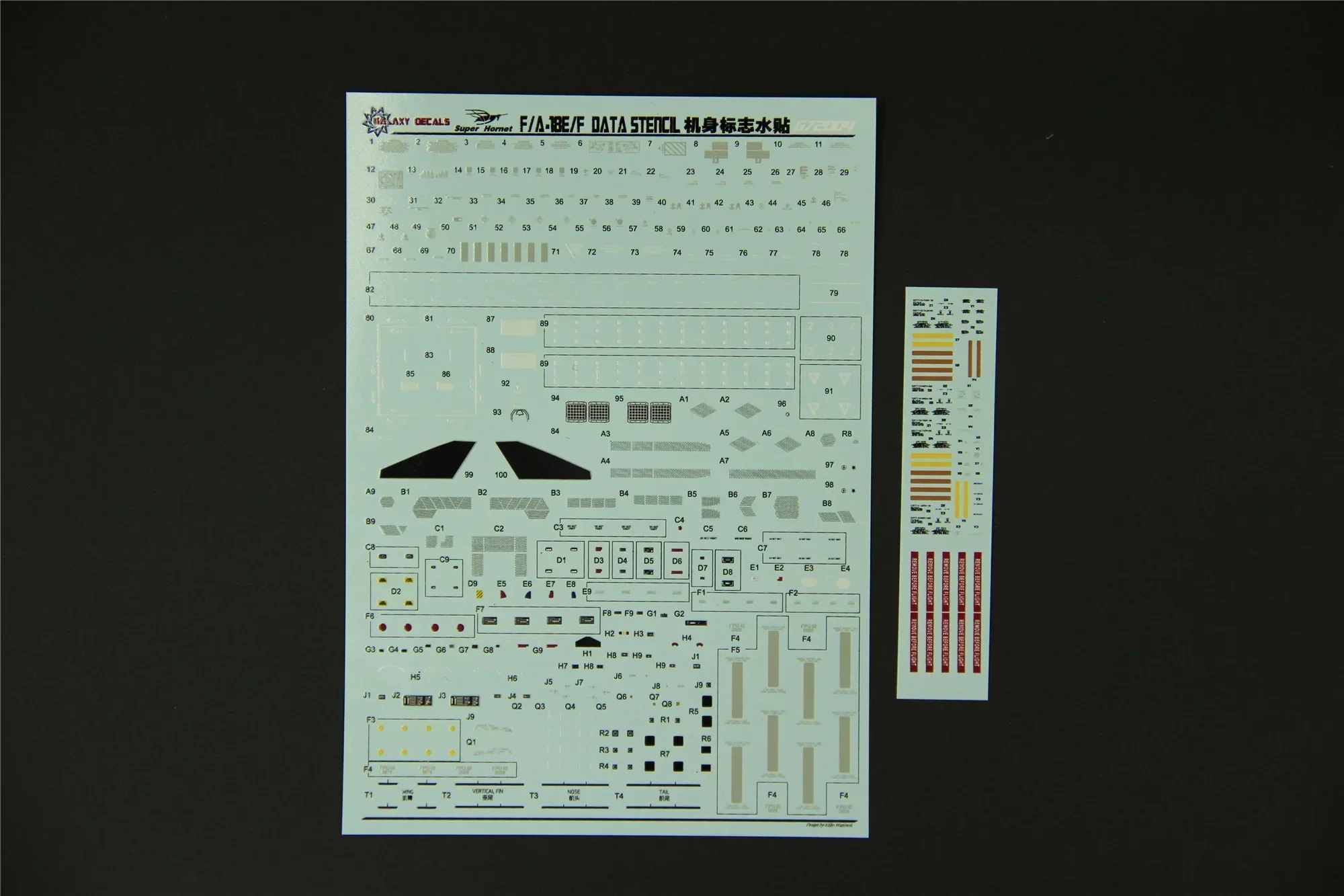 

GALAXY ToolsG48004-G72004 1:48/72 DIY Universal Airplane Water Stickers: F/A-18E/F Super Hornet Data Stencils & Body Logo Decals