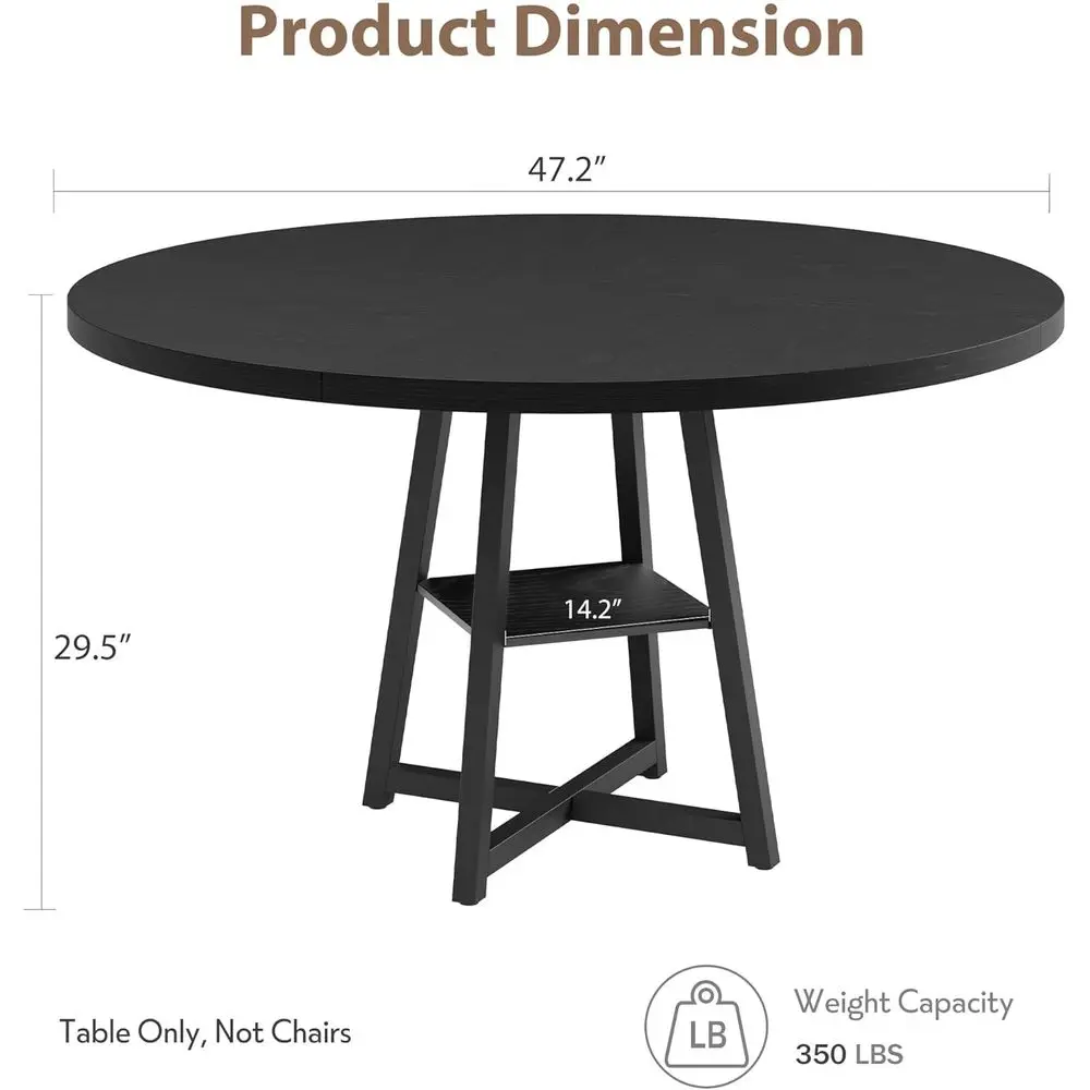 Wooden Top Metal Base Round Dining Table, 47 Inch Kitchen Table for 4, Dining Room Living Room Furniture with Storage