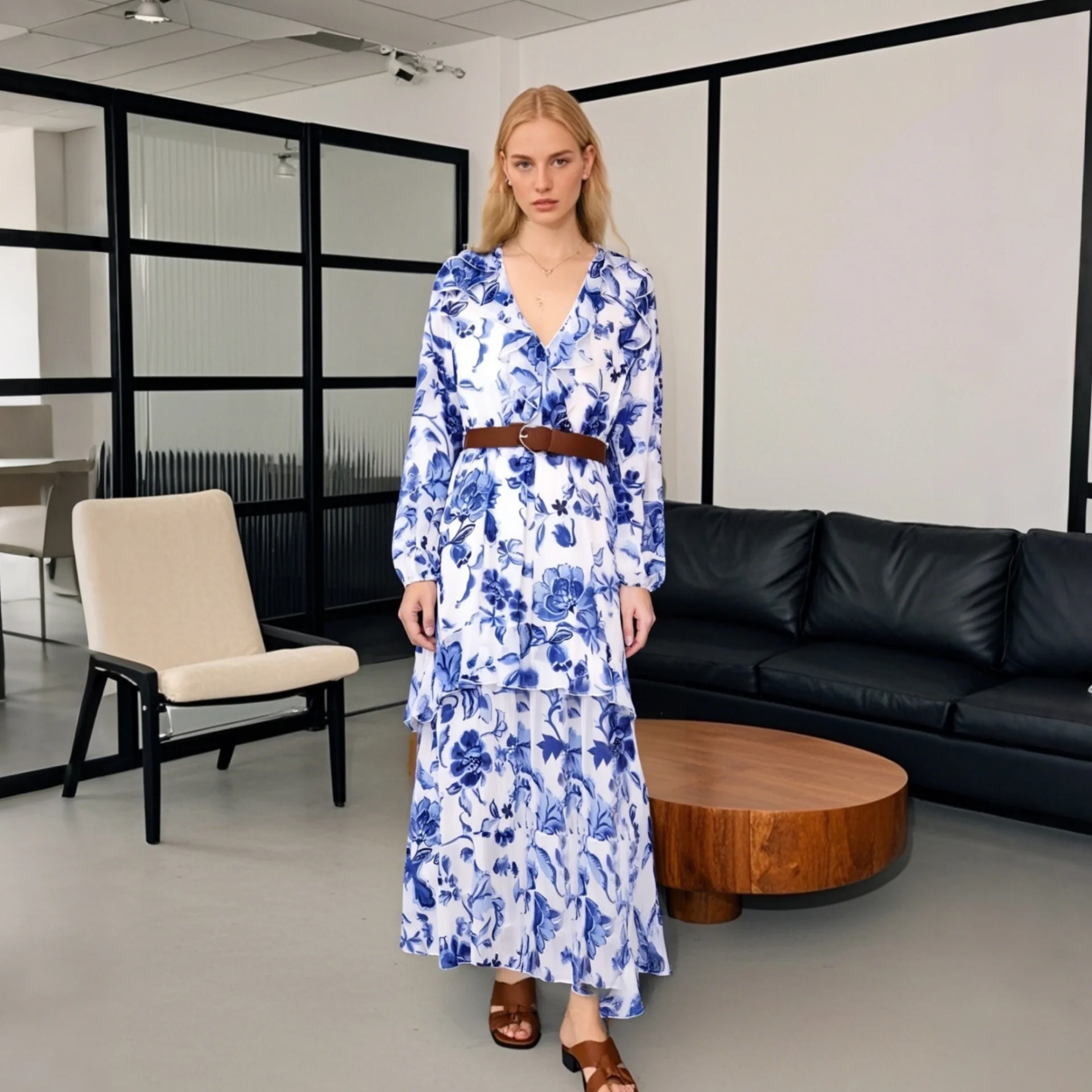 

2025 New Women's Long - sleeved V - neck Belted Floral Print Dress with Ruffled Layers for Daily and Outdoor Wear