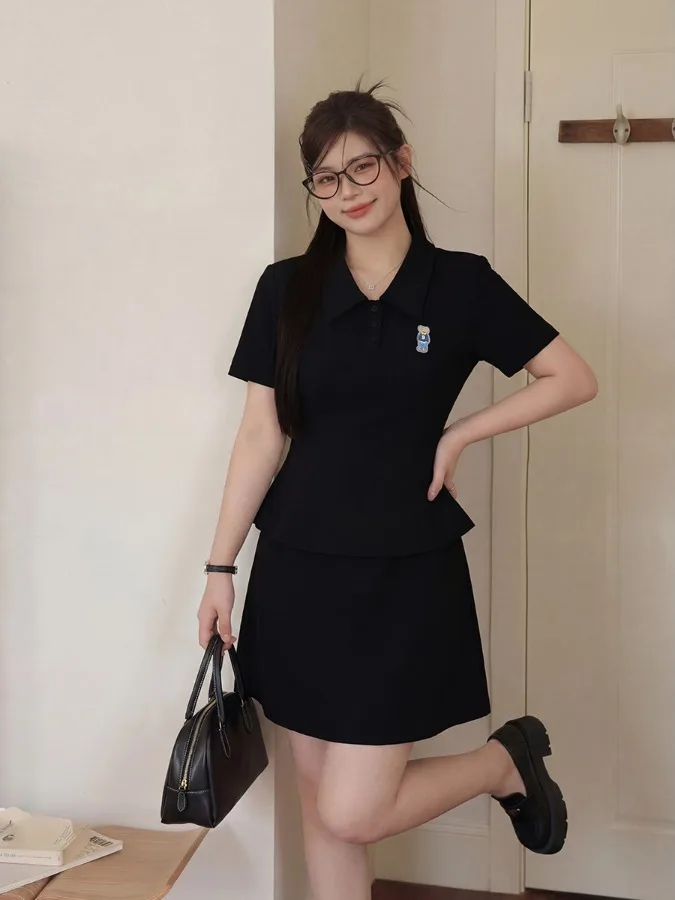 

Slimming Large Size Women's Summer Neck Short Sleeve T-Shirt And High Waist Midi Skirt Set Fashionable And Youthful