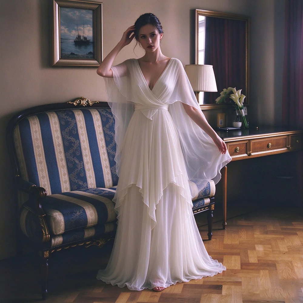 Tiered Chiffon A Line Long Cape Sleeves V Neck Bridal Dress Backless Layered Ivory Customized V Neck  Simple Wedding Dress