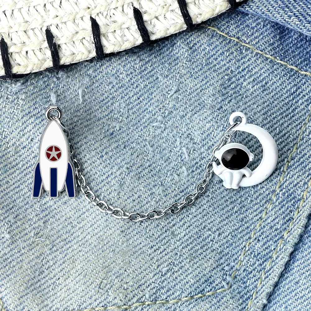 Creative Rocket Launch Brooch Enamel Pin Funny Astronaut Sitting on the Moon Chain Badge Space Exploration Jewelry Gift for Kids