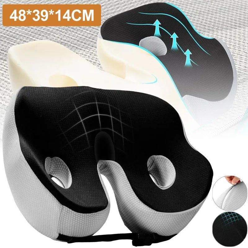 Schwarzes extra dickes Memory-Schaum-Sitzkissen 48×39×14cm, orthopädisches Steißbein-Schmerzlinderungskissen, ergonomisches Sitzkissen für Bürostuhl, Autositz, Rollstuhl, Heimgebrauch