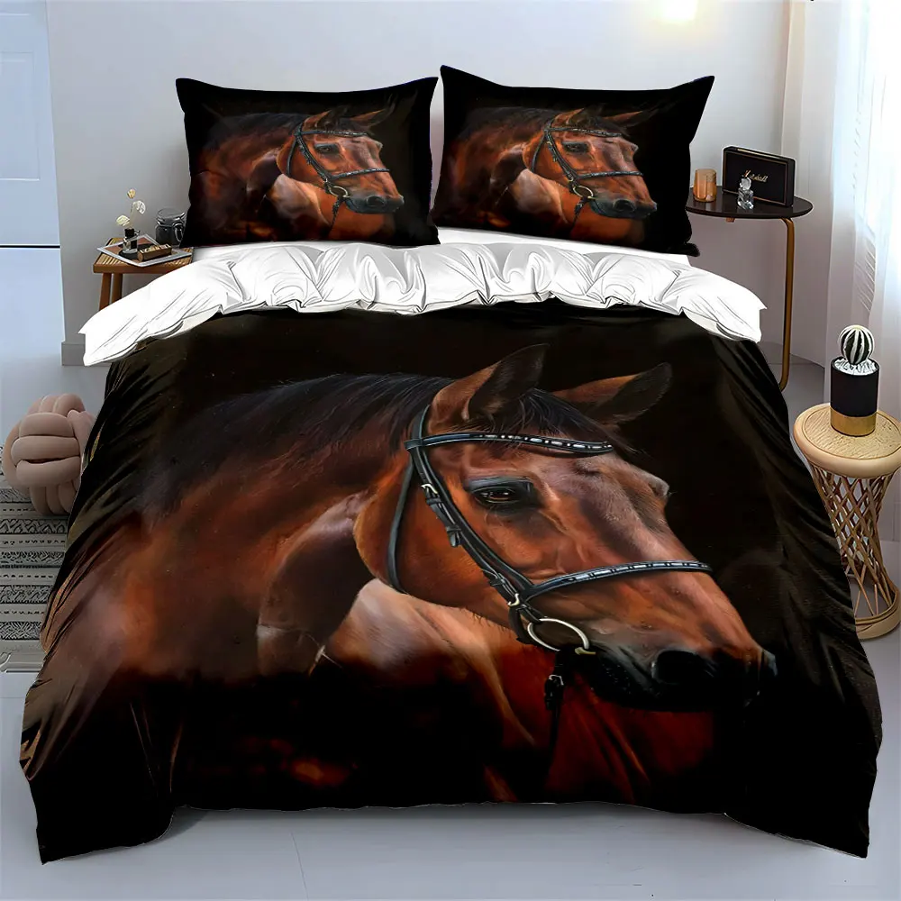 Close-up of brown horse with black bridle Print Bedding Set 1 Duvet Cover 2 Pillowcases for Adult and Children Luxury Gift