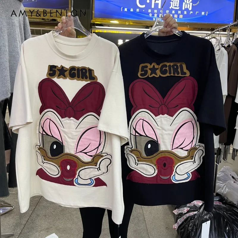 

2024 Winter New American Retro Oversized T Shirts Cartoon Sticker Pattern O-neck Black T-shirt Y2k Top Kawaii Clothes Streetwear