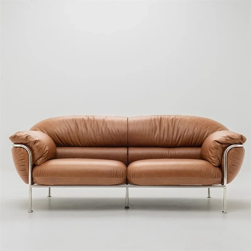 Oil wax leather armchair simple medieval three-person stainless steel leather art B & B hotel lobby sofa