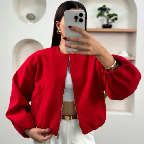 Imagen 2 del producto HXAO Chaquetas holgadas recortadas para mujer Rojo Gris Blanco roto Prendas de abrigo negras Top de manga larga con cremallera de gran tamaño Abrigo de béisbol bombardero elegante