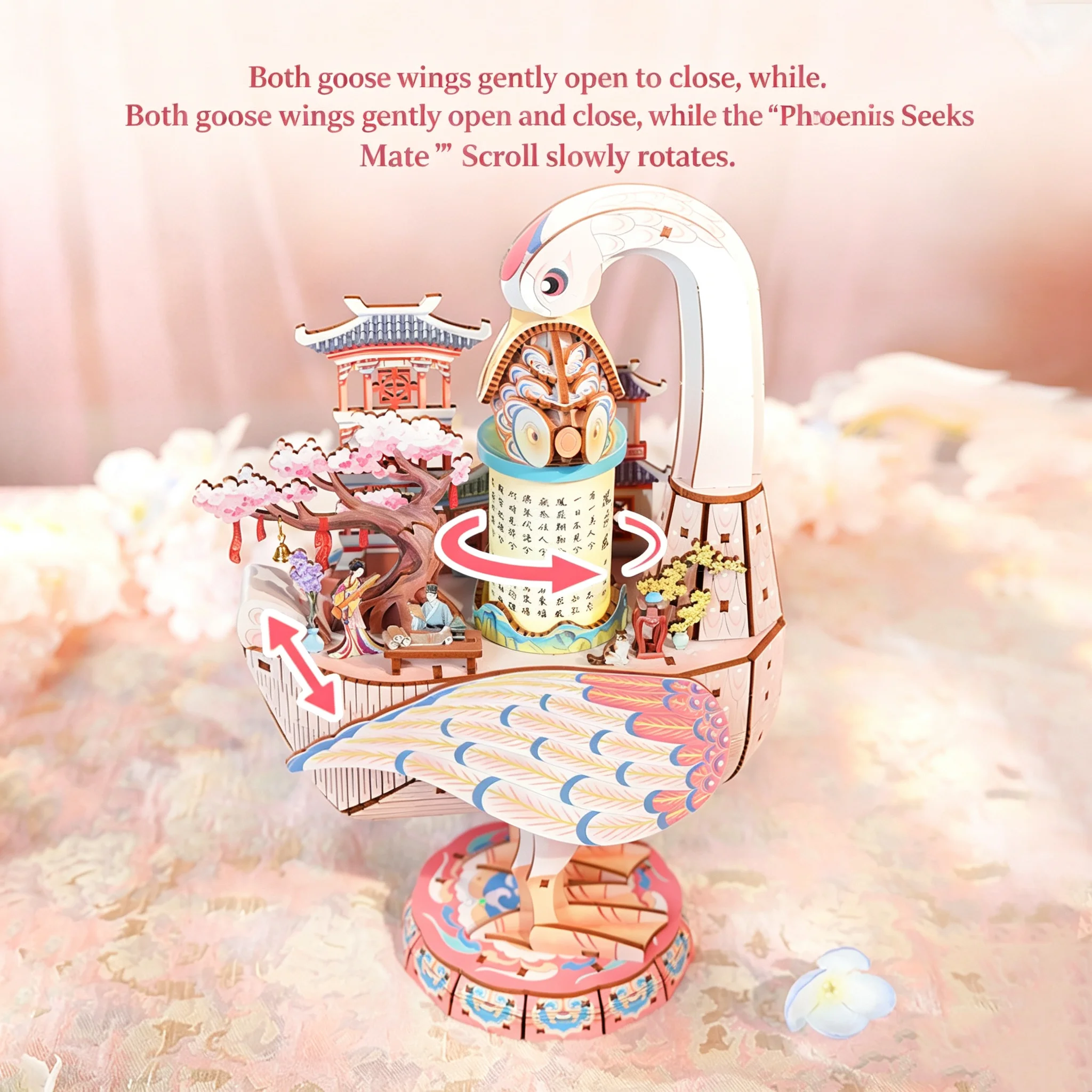 White Swan Music Box 3D Wooden Puzzle DIY Building Kit Rotating Musical Model with LED Light Desktop Toys Girls Birthday Gifts
