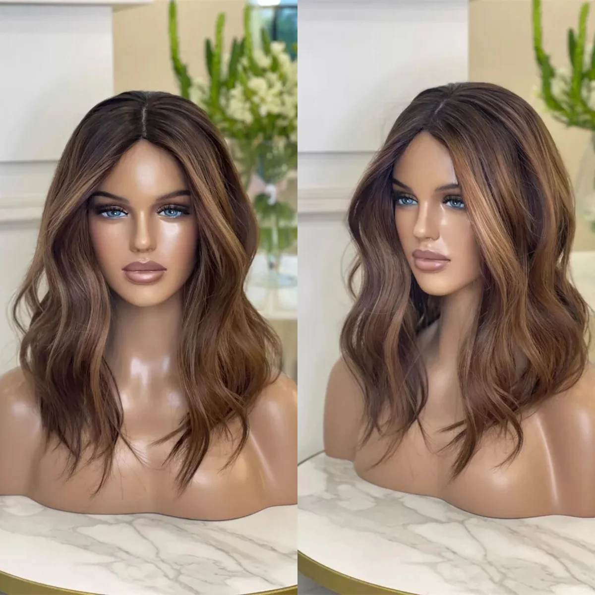 باروكات فاخرة تسليط الضوء على الكستناء البني الاصطناعية الدانتيل شعر مستعار أمامي للنساء العصرية عالية الكثافة شعر مستعار كامل موجة عميقة ألياف سمراء #2