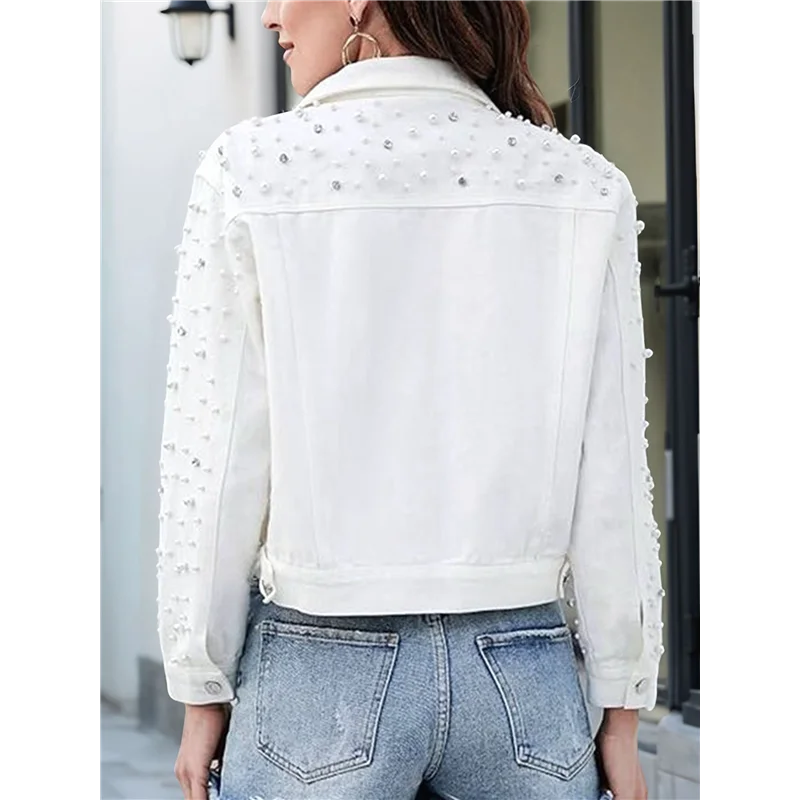 ABAH-سترة جينز لؤلؤية للنساء من قماش الدنيم بأحجار الراين المقصوصة