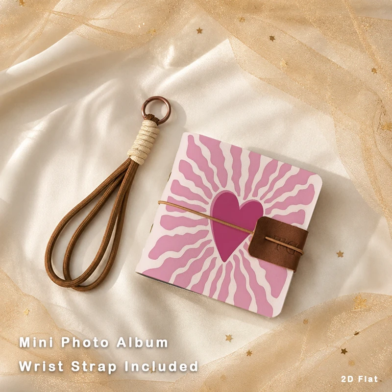 Cute Pink Burst Heart Mini Pocket Photo Album Portable Handheld Picture Book with Wrist Lanyard Memory Collecting Album for Girl