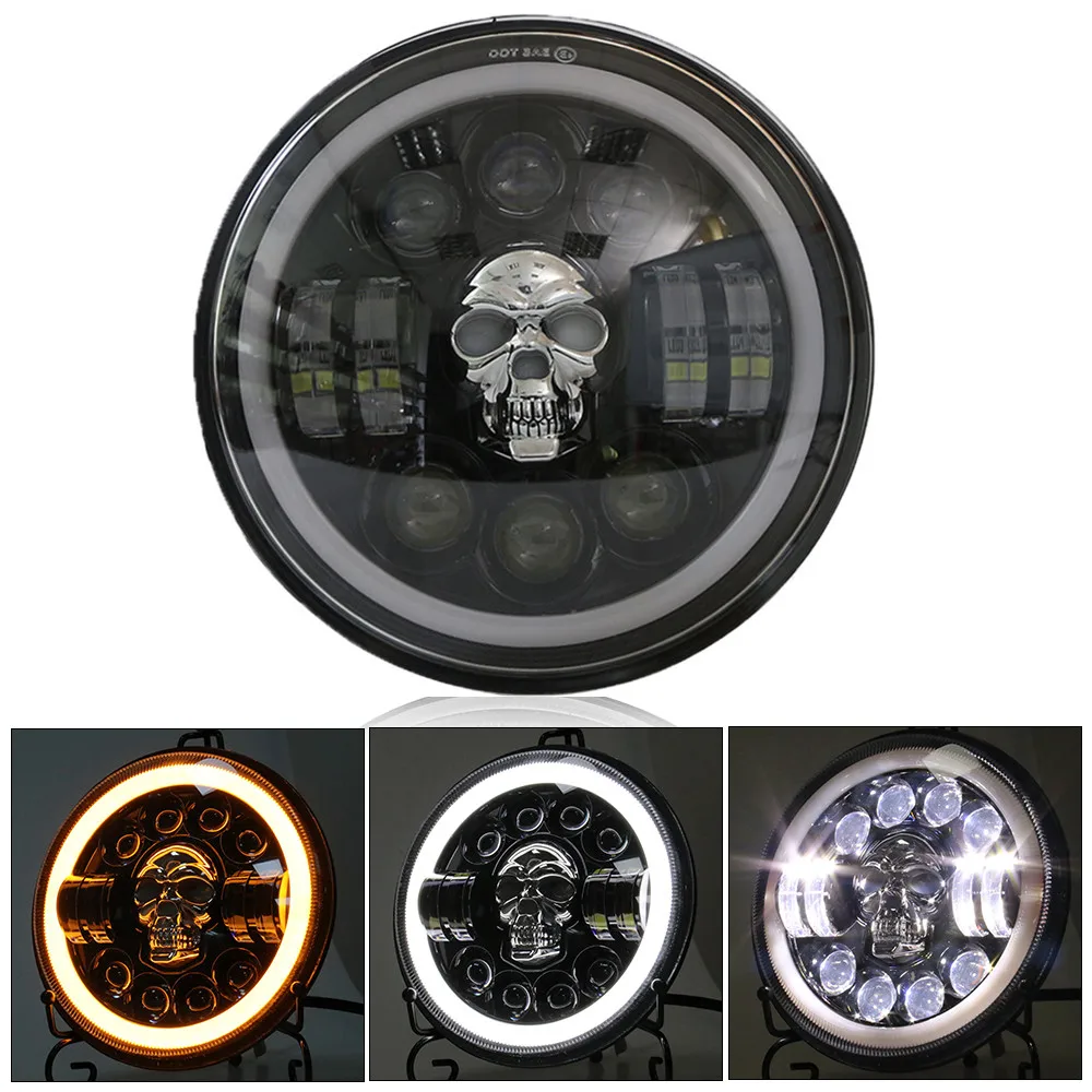 

7inch Motorcycle Skull LED Headlight Hi/Lo Beam DRL Headlamp Cafe Racer Touring For Harley Honda Kawasaki Yamaha