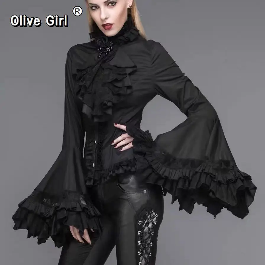 

Olivegirl Victorian Vintage Gothic Lolita Shirt Women Elegant Lace Ruffles Flare Long Sleeve Blouse Y2k Aesthetic Girl Punk Tops