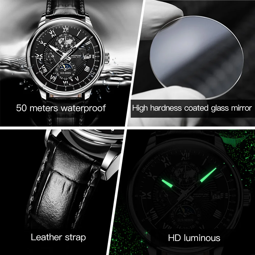 JSDUN Original Leather Strap Automatic Mechanical Watch for Men Best Selling Multifunction Fashion Business Men's Wrist Watches