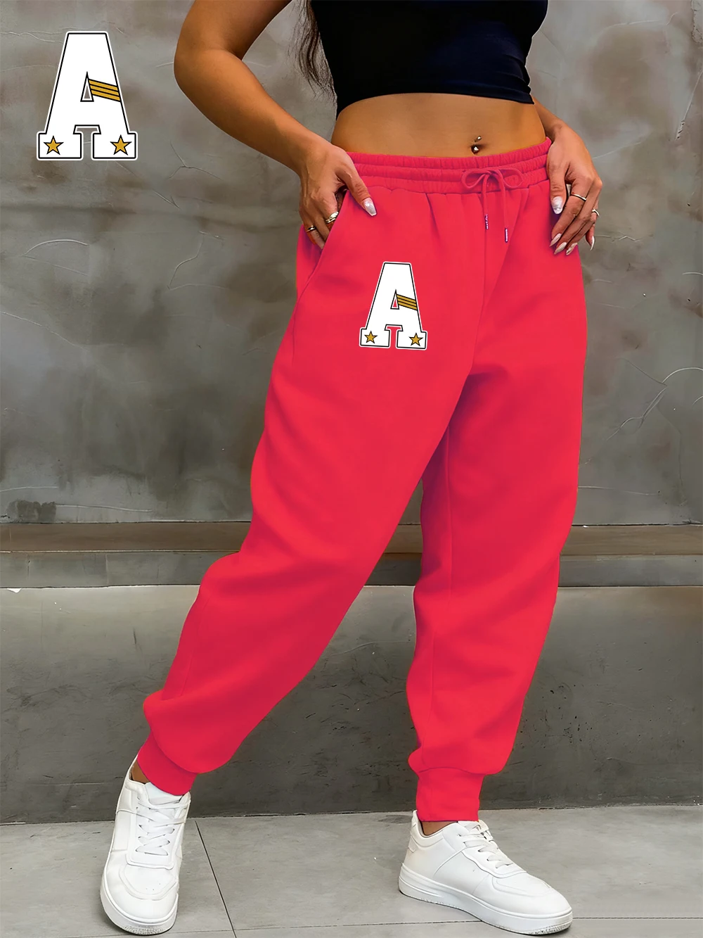 رسالة A يطبع Sweatpants النساء الخريف مرونة الخصر بنطال رياضي جيب غير رسمي فضفاض بنطلون أساسيات الصوف ملابس امرأة دافئة