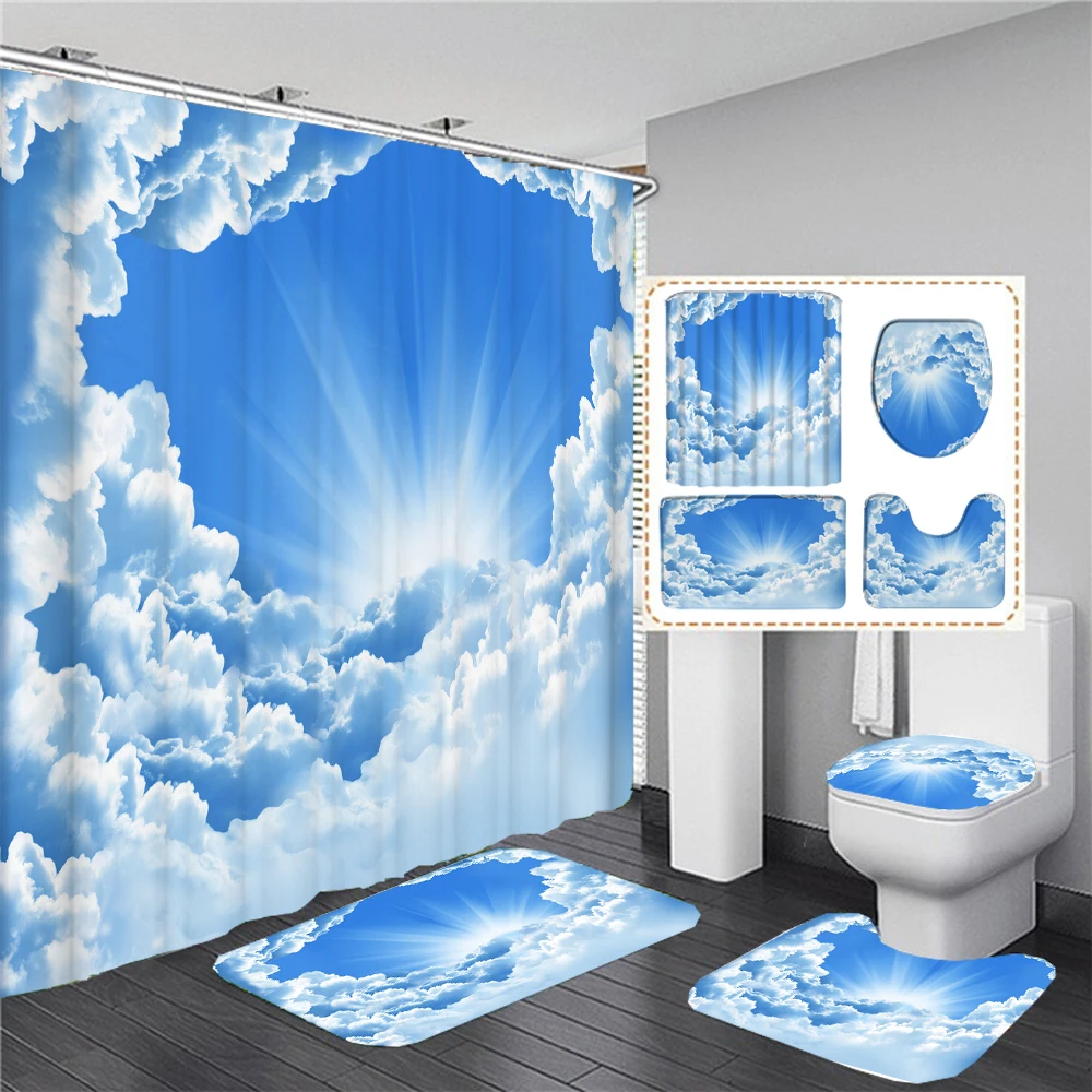 Blue Sky White Clouds Scenery Print Shower Curtain 3D Sunny Bathroom Curtains Set Bath Mats Toilet Cover Non-slip Rug Carpet