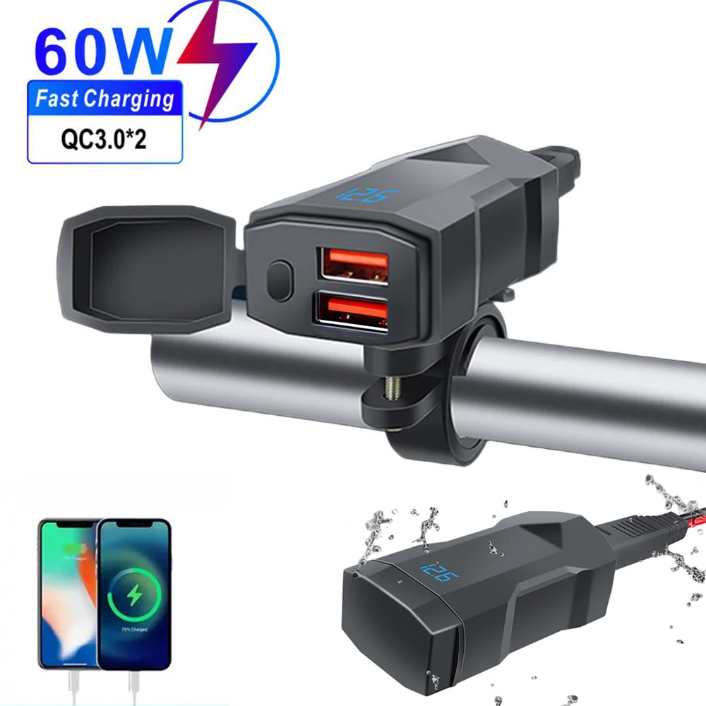

Motorcycle PD+QC3.0 Fast Charger Handlebar Dual USB Socket with Switch Voltmeter Waterproof 12V Power Supply Adapter