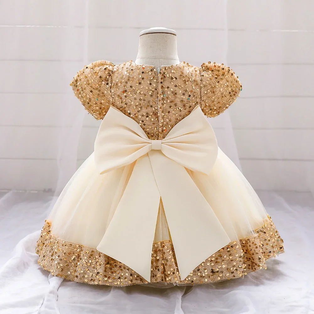 

Big Bow Gold Sequins Party Baby Girls Dress Toddler Tutu Lace 1st Birthday Princess Dresses For Girl Wedding Prom Christmas Gown