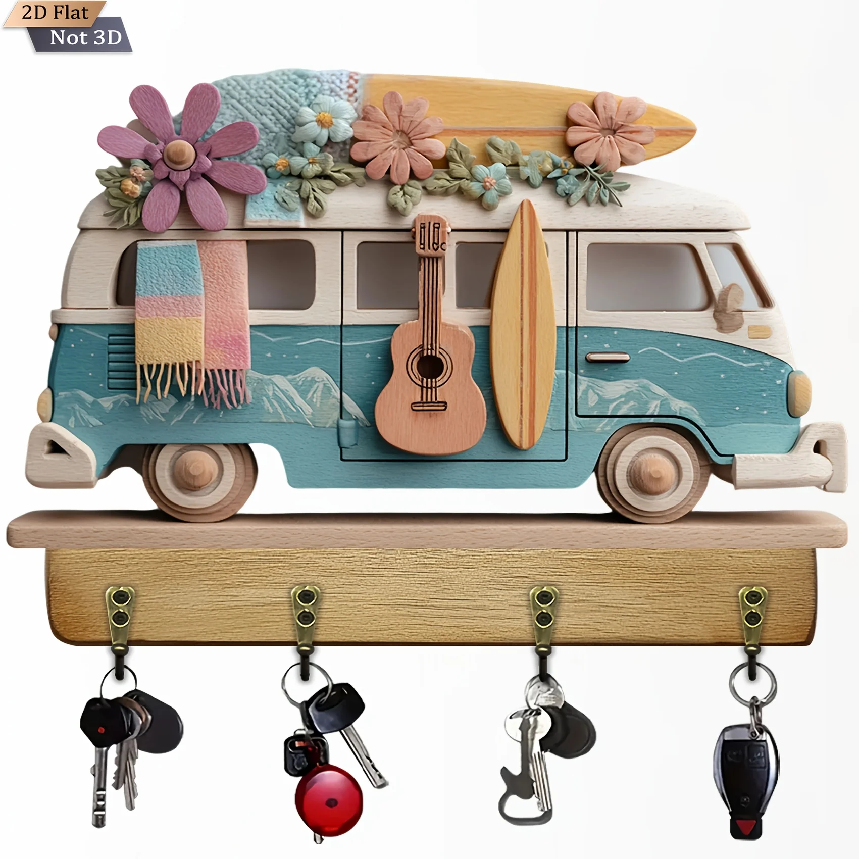 2D Flat, 1pc, Travel and Adventure Wooden Multi-Functional Home Key Holder with Four Metal Hooks, Suitable for Wall Decor,