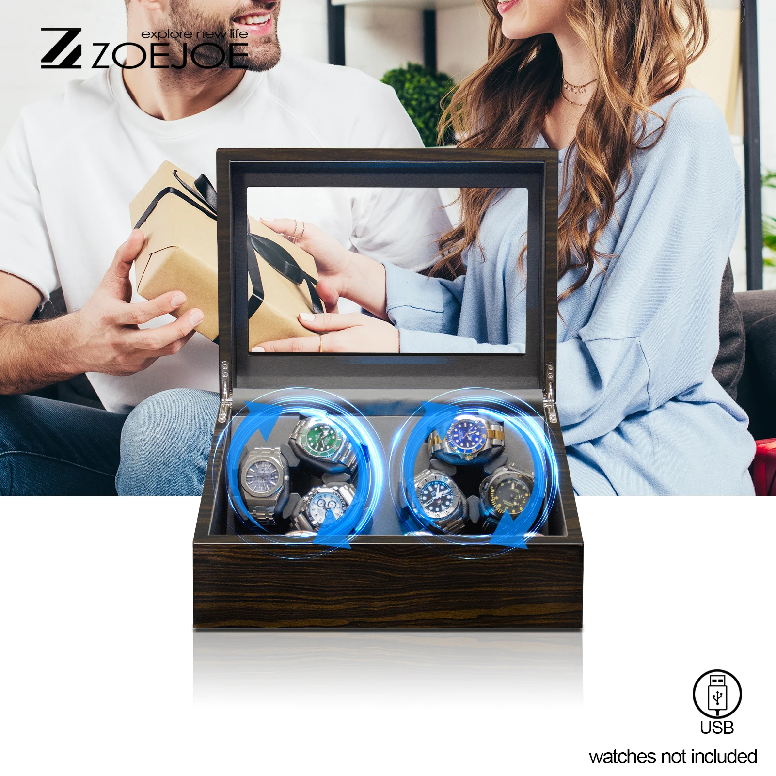ZOEJOE Enrolador de relógio para enrolamento de relógio, cabo USB, design de luz de energia, superfície de pintura preta, caixas enroladoras de relógio para homens e mulheres