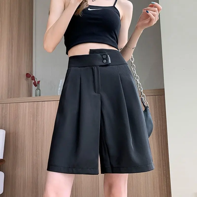 Summer New Korean High Waisted Thin Suit Shorts Women\'s Solid Zipper Button Pockets Loose Casual Fashion Simple Wide Leg Shorts