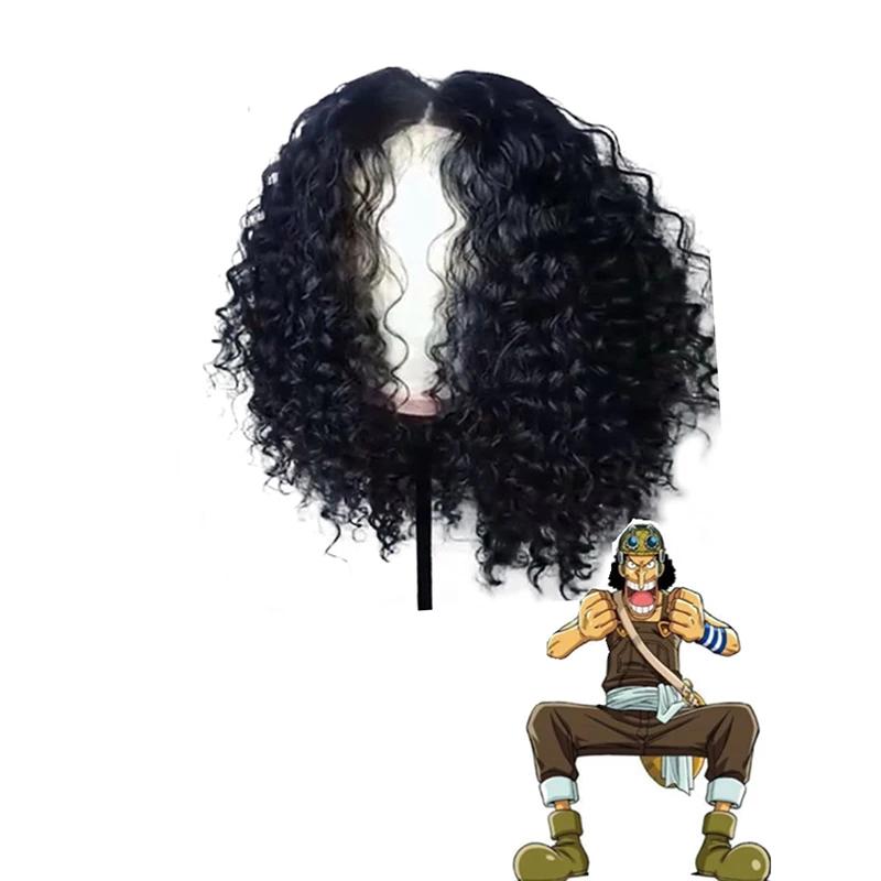 Usopp-tocado de Cosplay para hombre, vestido de concierto, separación central, pelo rizado medio a largo, peluca de modelado de francotirador de rol de una pieza de Anime