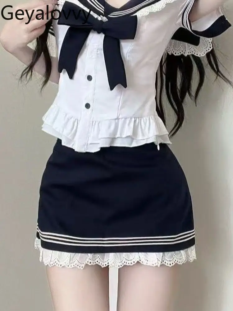 Pure Desire Hot Girl JK Uniform Set Summer College Style Navy Collar Short Sleeve Shirt + Bodycon Short Skirt Two-Piece Set