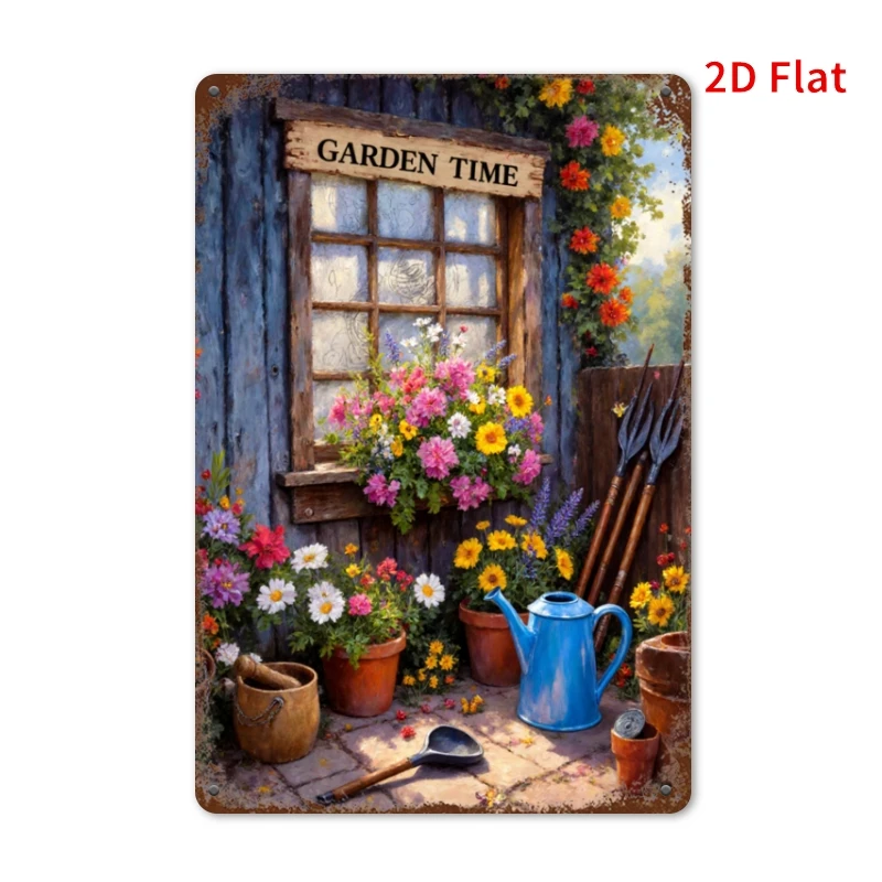 Garden Time Vintage Floral Window Gardening Tools Metal Tin Sign Farm Patio Wall Decor