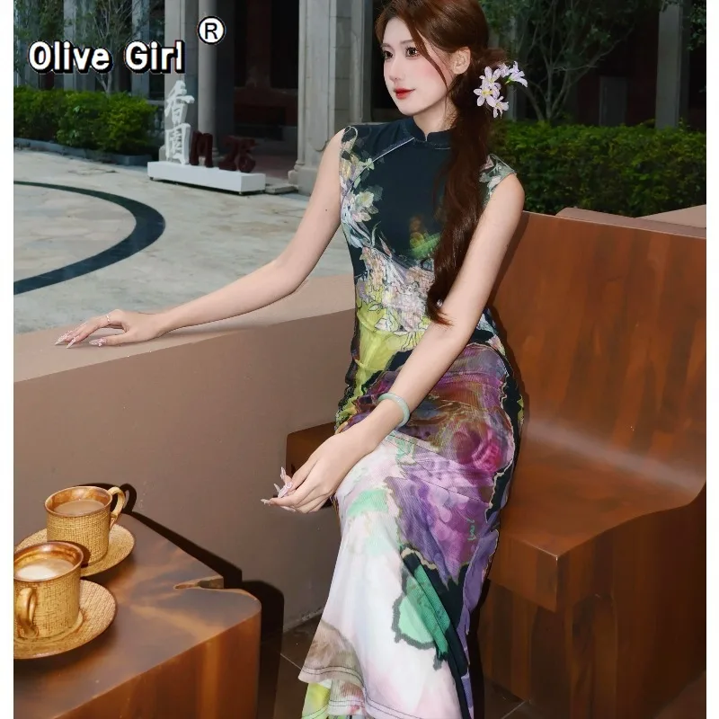 olivegirl-colorful-cheongsam-dress-qipao-chinese-style-printed-hollow-fish-tail-sleeveless-cheongsam-women's-clothing