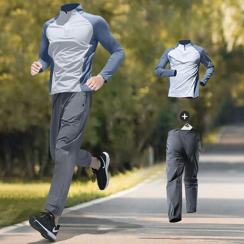 Men's Marathon Running Set Long Sleeve Quick-Dry Top Training Pants Autumn Winter Fitness with Phone Pocket Men's Sportswear Set