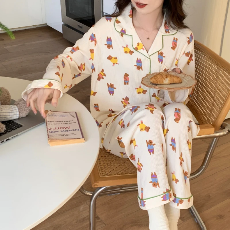 French Elegant Sweet Kawaii Romantic Women\'s Pajamas Cartoon Print Wrinkled Cloth Y2k Sleepwear 2024 New Fall Fashion Nightwear