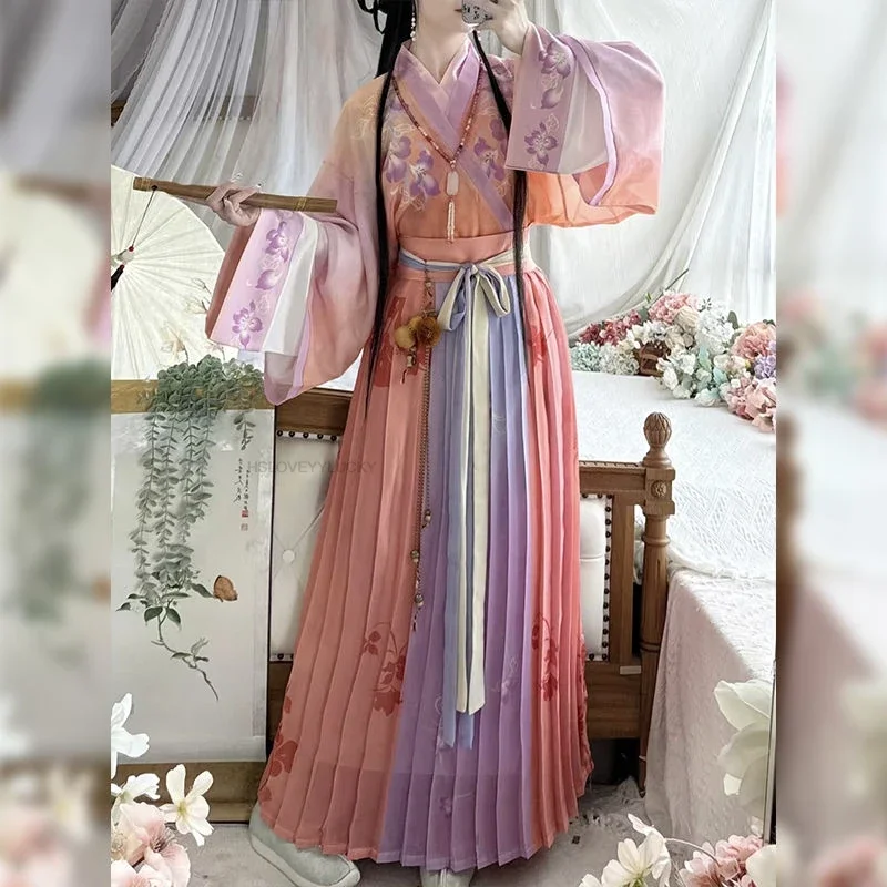 Chinese Traditional Hanfu Dress weijin Dynasty Long Dress Folk Dance Costume Fairy Cosplay Ancient Princess Stage Outfit 3pc Set