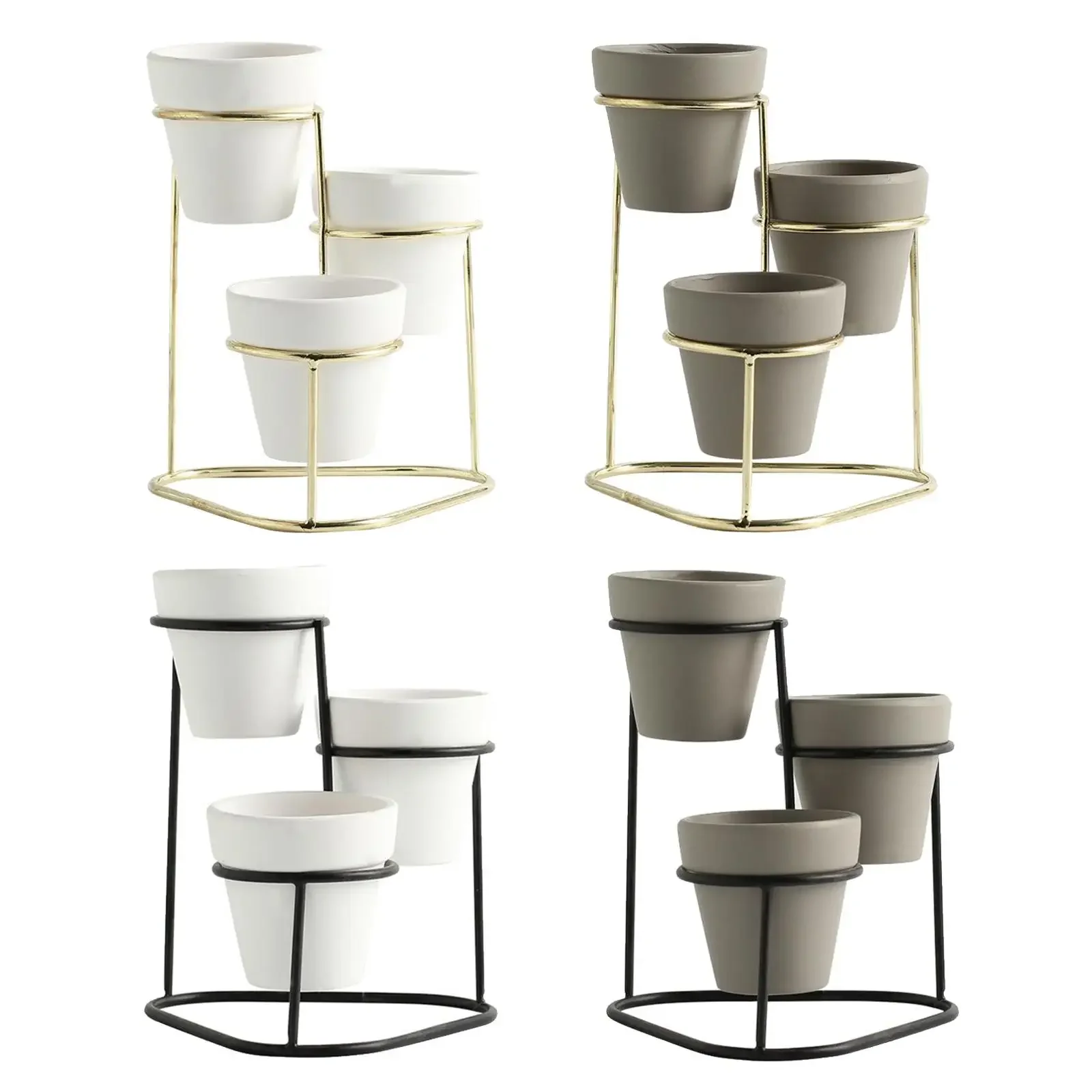 3Pcs Mini Ceramic Succulent Plant Pot Flower Pot Planter Metal Stand Set Display