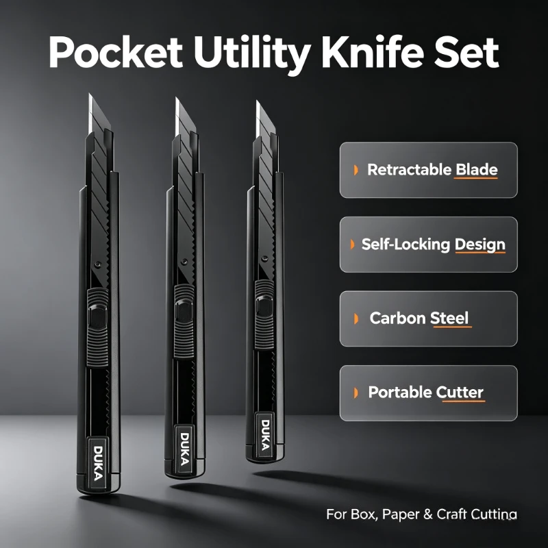 DUKA Utility Knife Box Cutter Retractable Carbon Steel Blades Pocket Knife Self-Locking Design Cutting Tools Stationery