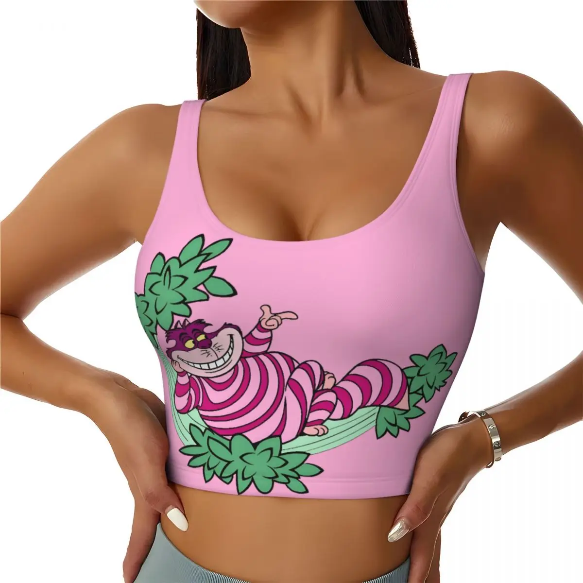 

Custom High Impact Cheshire Cat Cartoon Sports Bra Women Alice in Wonderland Gym Workout Yoga Crop Top