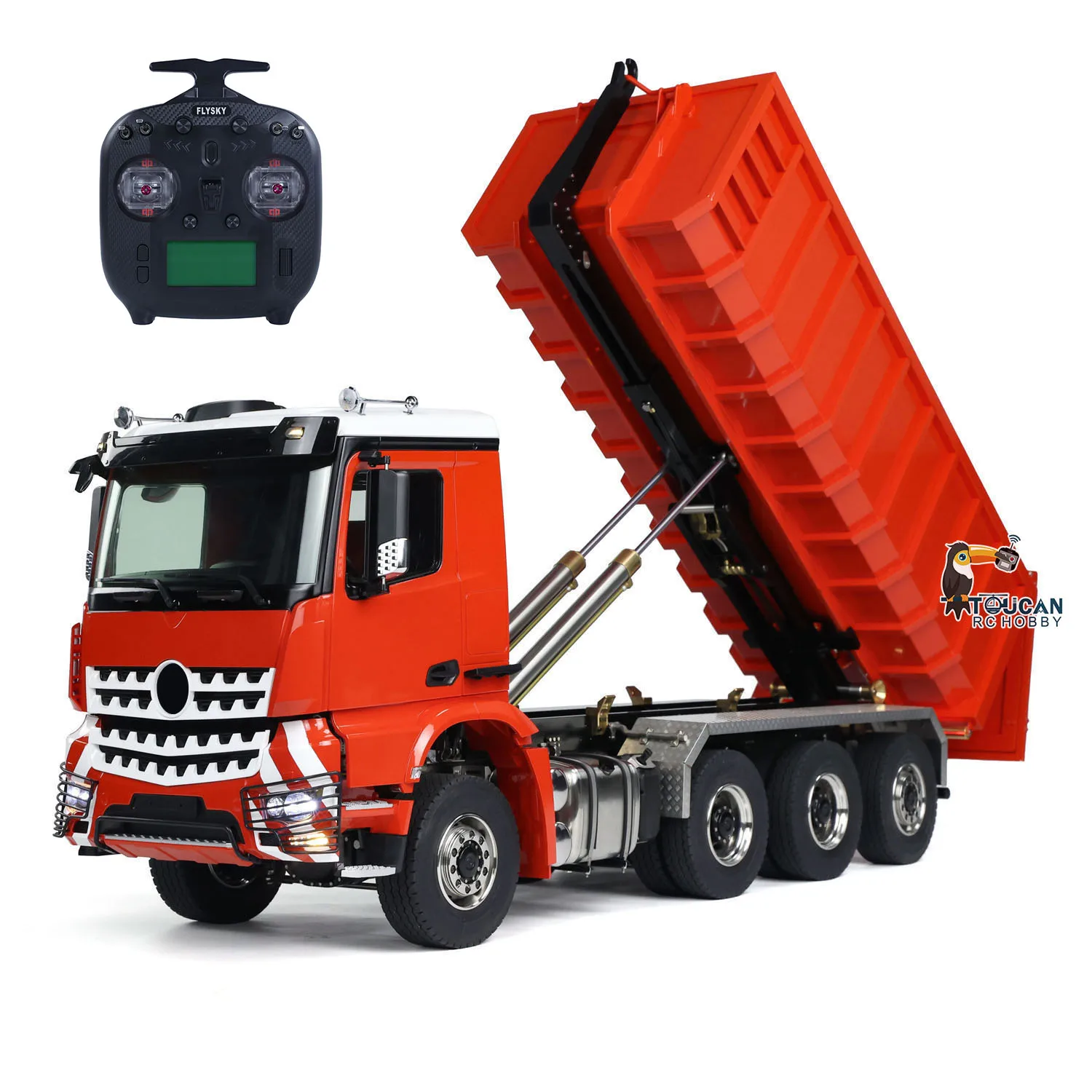 Toucan Metal 1/14 RC Hydraulic Dumper 8x8 Roll Off Dump Truck 3363 Rear Axle Steering Remote Control Tipper Light Sound System