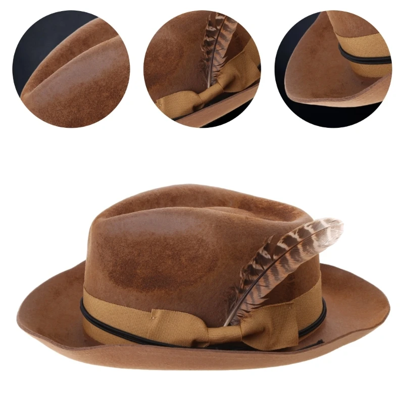 British Style Trilby Hat for Male Ladies Distressed Carnivals Woolen Trilby Hat Winter Autumn Hat with Feather Designed