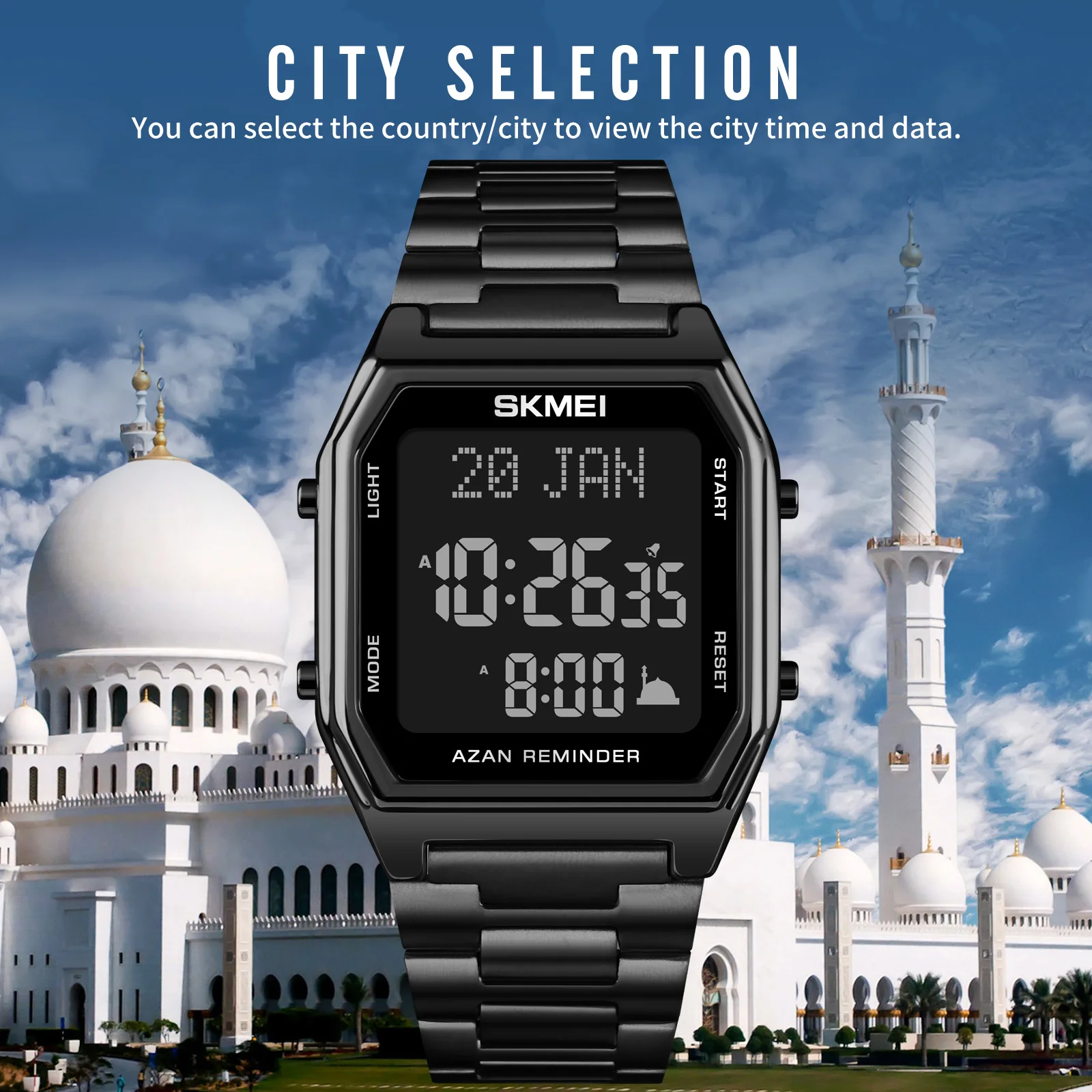 SKMEI LED Qibla Muslim Men Watch Direction Bookmark Digital Mens Wristwatches City Data Male Watches relogio masculino