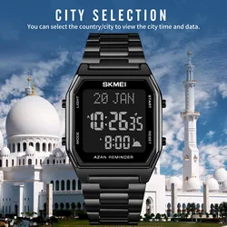 SKMEI LED Qibla Muslim Men Watch Direction Bookmark Digital Mens Wristwatches City Data Male Watches relogio masculino