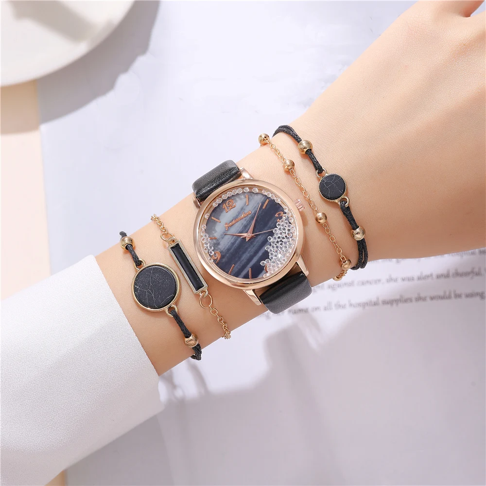 Reloj de cuero pu de cuarzo con diamantes de imitación para mujer, moda de moda, 5 piezas por juego