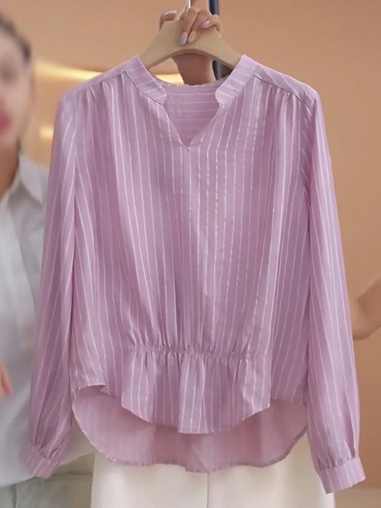 

Elegant Striped Long Sleeve Women's Shirt Conceals Belly plus Size Korean Style Commute Fashion Casual V-Neck Regular Fit