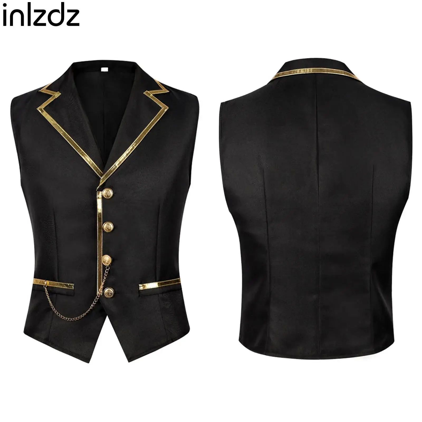 

Mens Steampunk Waistcoat Formal Jackets Metallic Shiny Trim Chain Decor Vest for Halloween Carnival Performance Evening Party