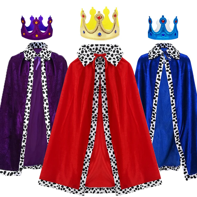 Adult Kids King Red Blue Purple Cloak with Crown Cosplay Costume Prince Robe Velvet Cape Children Birthday Party Accessory Suit