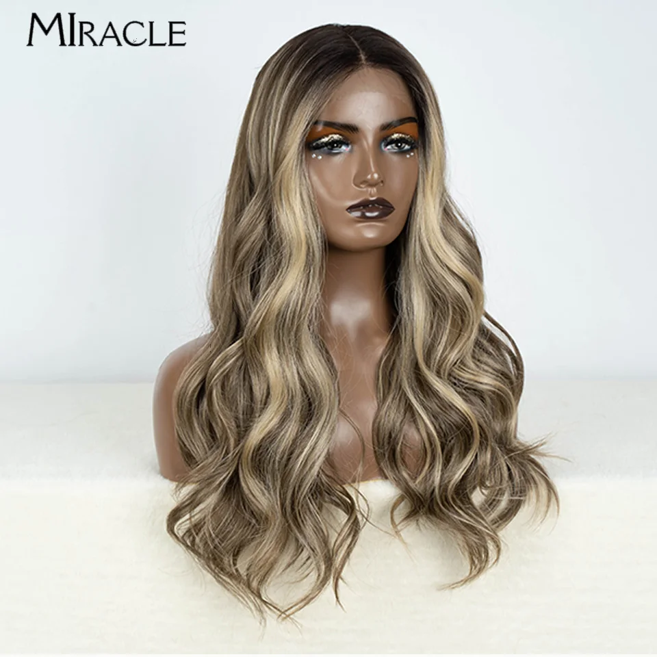 MIRACLE Synthetic 22Inch Lace Front Wig for Women Lace Wigs Wavy Fake Hair Heat Resistant Cosplay Wig Colorful Blonde Pink